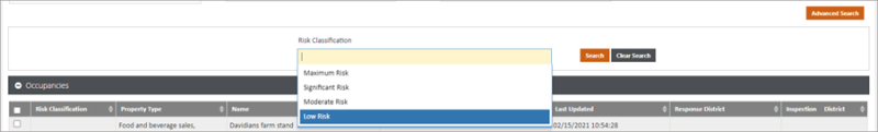 Use advanced search to find all occupancies with a specific risk classification.